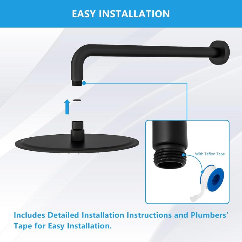 Lordear Shower Arm 12 Inch Shower Pipe T304 Stainless Steel Extension Shower Arm with Flange, Shower Head Height Extender For Rain Shower Heads,Matt Black - Image 5